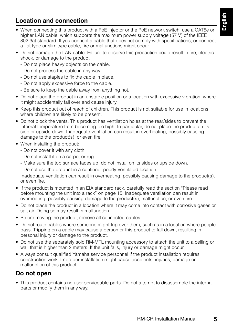 Location and connection, Do not open | Yamaha RM-CR Remote Conference Processor with Dante User Manual | Page 5 / 208