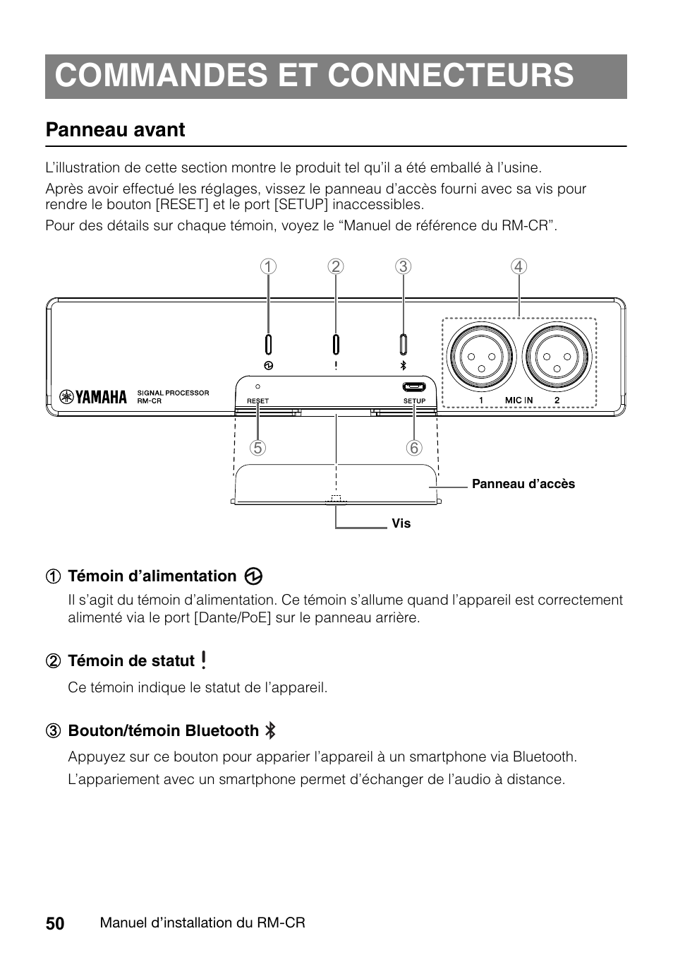 Commandes et connecteurs, Panneau avant | Yamaha RM-CR Remote Conference Processor with Dante User Manual | Page 50 / 208