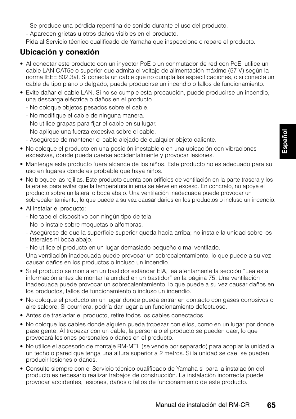 Ubicación y conexión | Yamaha RM-CR Remote Conference Processor with Dante User Manual | Page 65 / 208