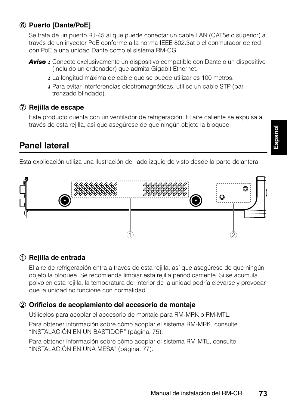 Panel lateral | Yamaha RM-CR Remote Conference Processor with Dante User Manual | Page 73 / 208