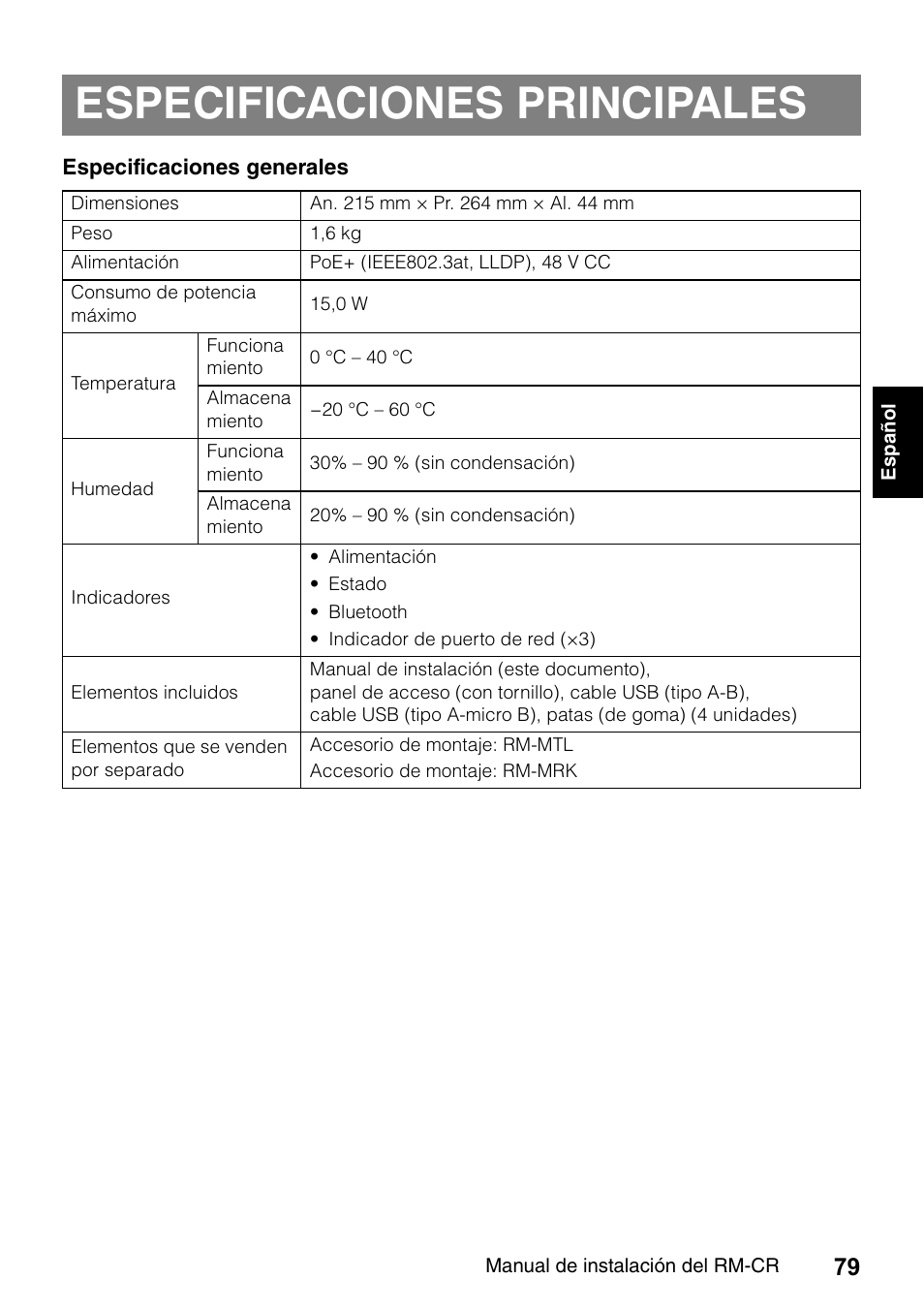 Especificaciones principales | Yamaha RM-CR Remote Conference Processor with Dante User Manual | Page 79 / 208