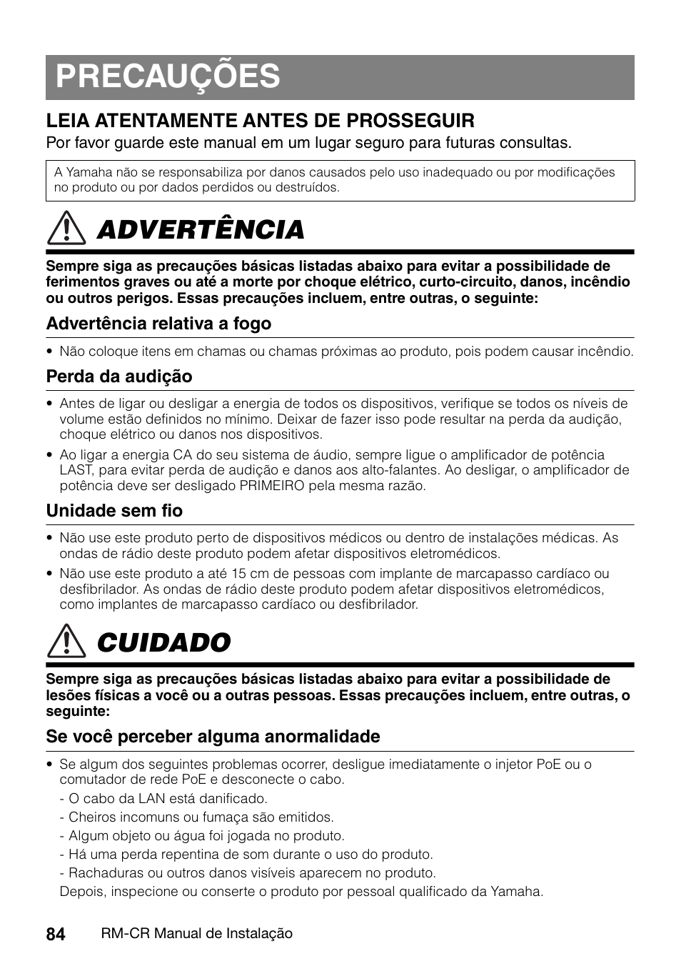 Precauções, Advertência, Cuidado | Leia atentamente antes de prosseguir | Yamaha RM-CR Remote Conference Processor with Dante User Manual | Page 84 / 208