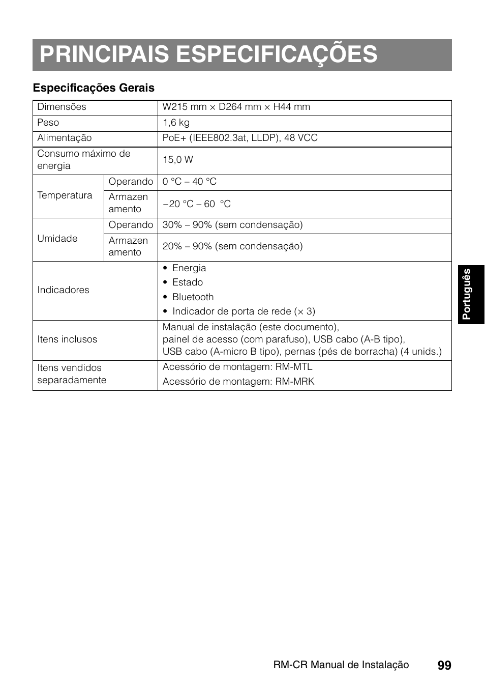 Principais especificações | Yamaha RM-CR Remote Conference Processor with Dante User Manual | Page 99 / 208