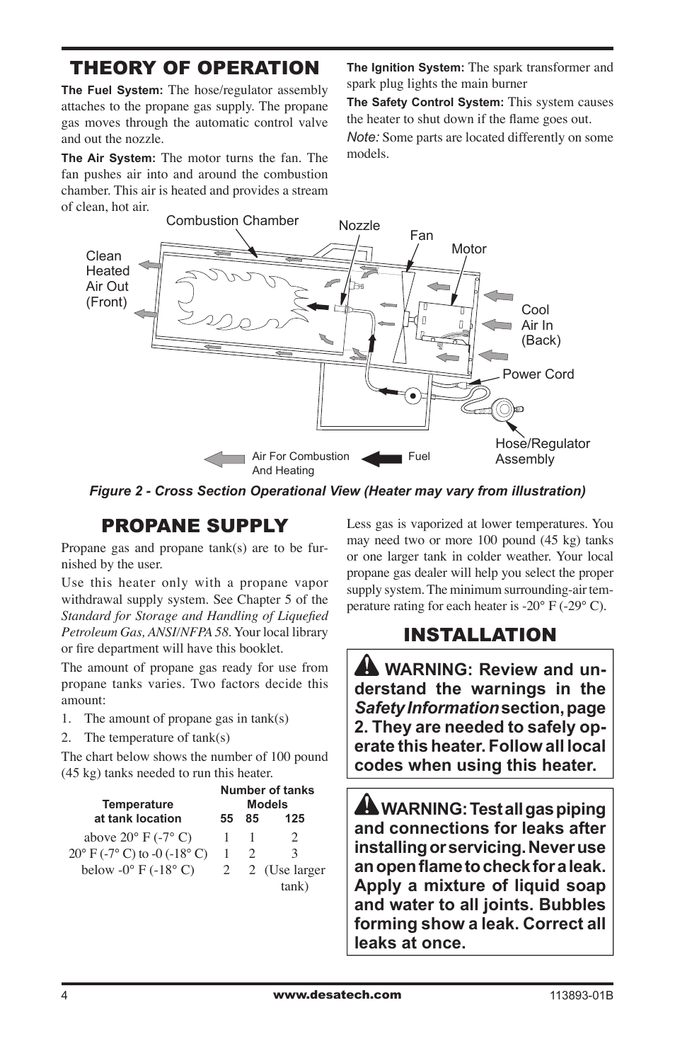Theory of operation, Propane supply, Installation | Desa Air Conditioner User Manual | Page 4 / 18