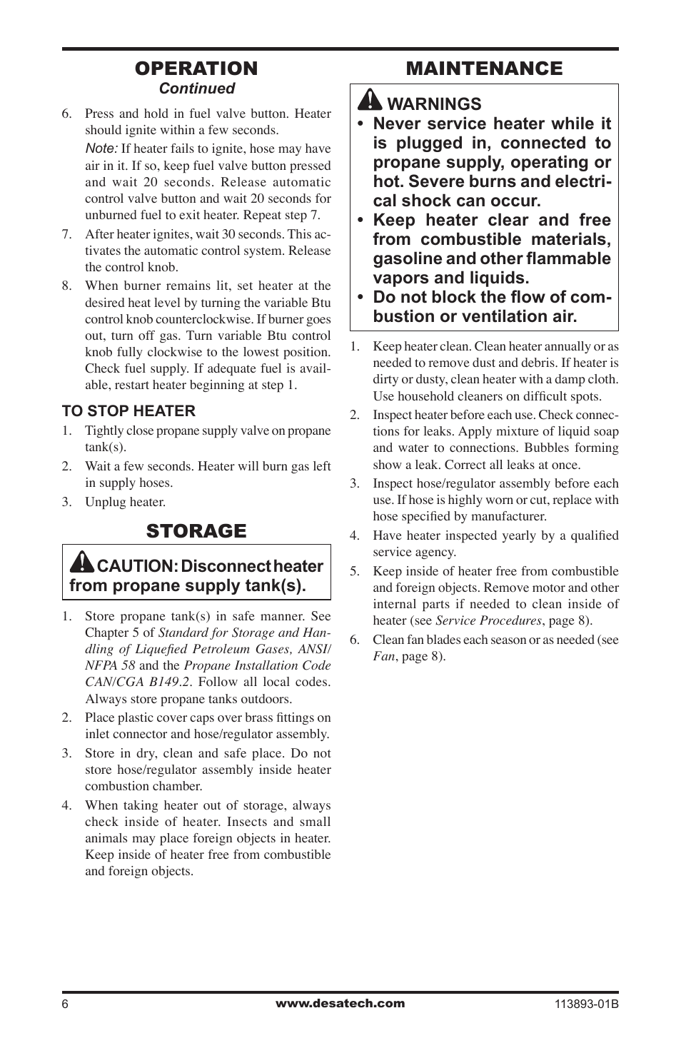 Storage, Maintenance, Operation | Desa Air Conditioner User Manual | Page 6 / 18