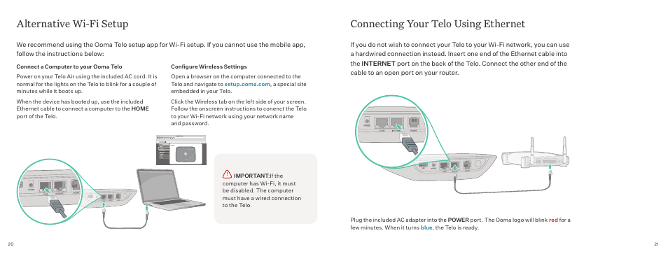 Alternative wi-fi setup, Connecting your telo using ethernet | ooma Telo VoIP Phone System (Black, $50 International Calling Credit) User Manual | Page 11 / 27