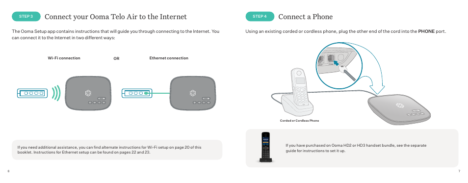 Connect your ooma telo air to the internet, Connect a phone | ooma Telo VoIP Phone System (Black, $50 International Calling Credit) User Manual | Page 4 / 27