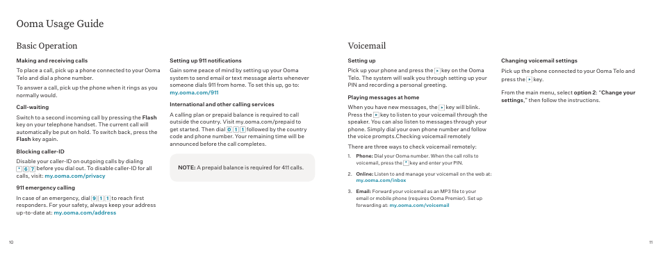 Ooma usage guide, Basic operation, Voicemail | ooma Telo VoIP Phone System (Black, $50 International Calling Credit) User Manual | Page 6 / 27