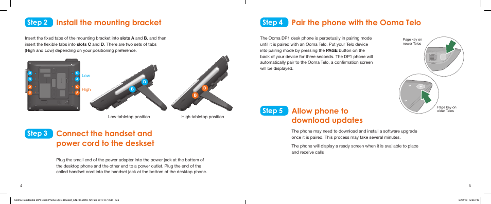 Install the mounting bracket, Pair the phone with the ooma telo, Step 2 | Step 3 step 5, Step 4 | ooma Telo VoIP Phone System with DP1-T Wireless Desk Phone (Black) User Manual | Page 3 / 16