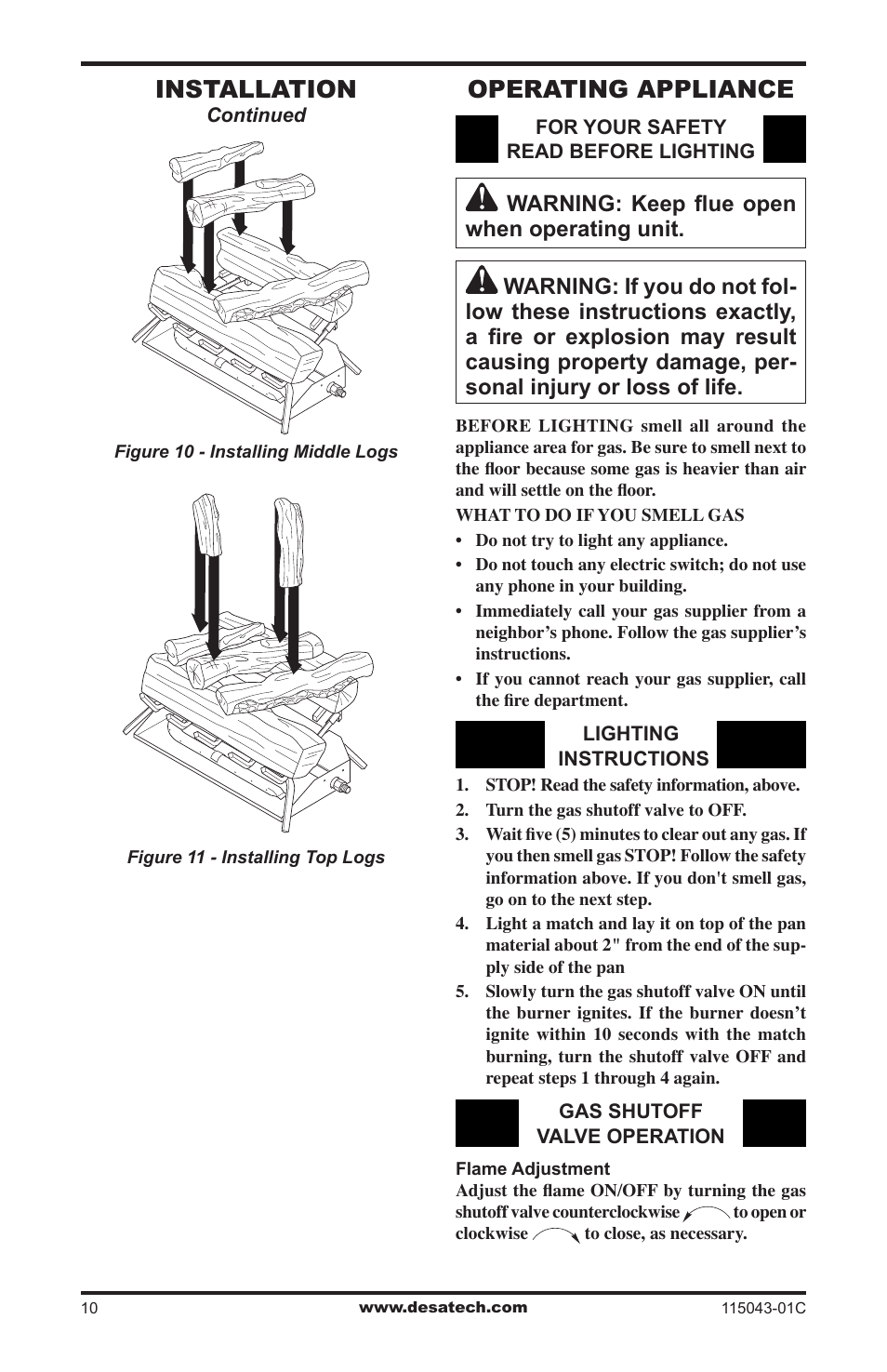 Operating appliance, Installation | Desa LCF24 User Manual | Page 10 / 20