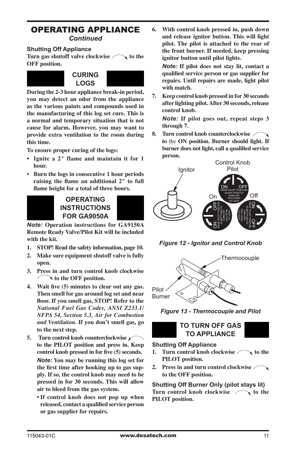 Operating appliance, Curing logs, Operating instructions for ga9050a | Continued | Desa LCF24 User Manual | Page 11 / 20