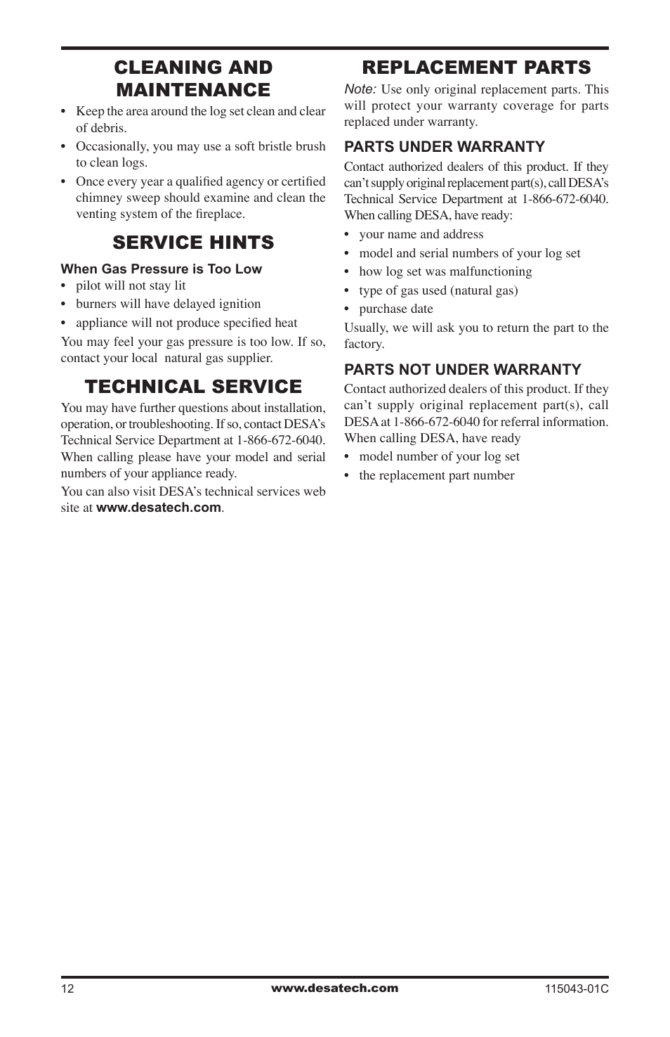 Cleaning and maintenance, Service hints, Technical service | Replacement parts | Desa LCF24 User Manual | Page 12 / 20