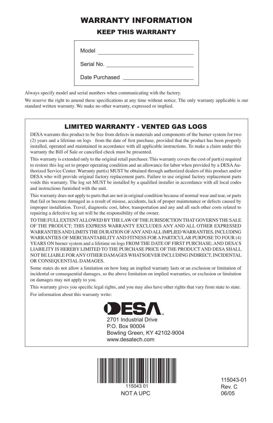 Warranty information, Keep this warranty, Limited warranty - vented gas logs | Desa LCF24 User Manual | Page 20 / 20