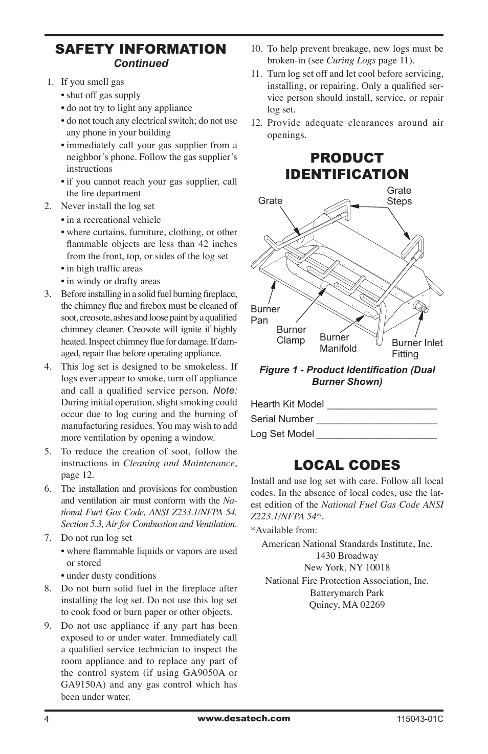 Product identification, Local codes, Safety information | Desa LCF24 User Manual | Page 4 / 20