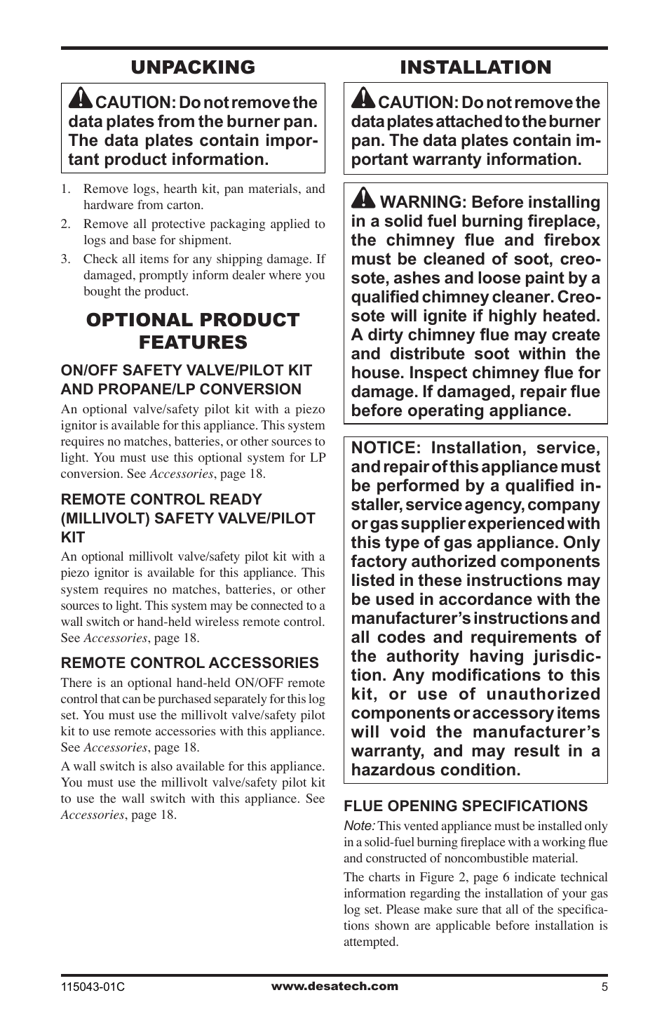 Unpacking, Optional product features, Installation | Desa LCF24 User Manual | Page 5 / 20