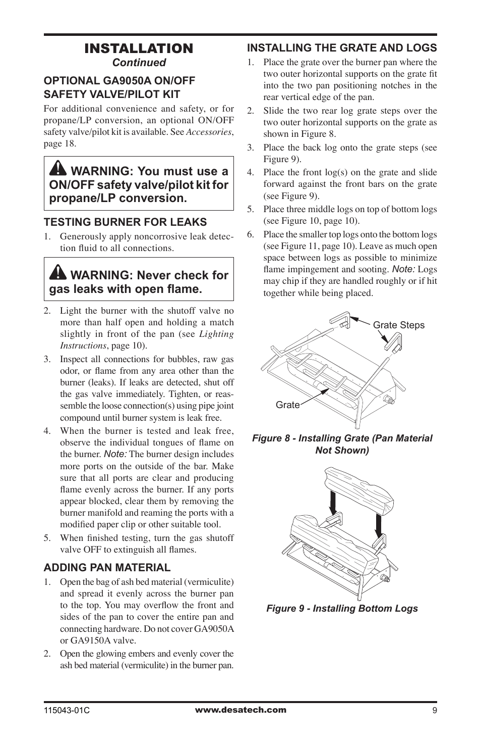 Installation, Warning: never check for gas leaks with open ﬂame | Desa LCF24 User Manual | Page 9 / 20