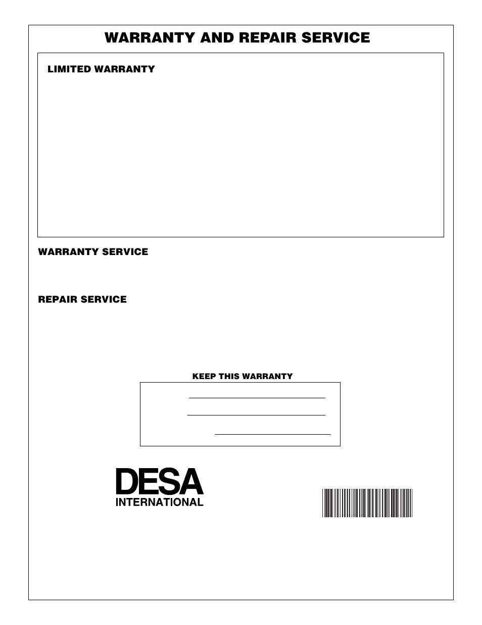 Warranty and repair service | Desa B70D User Manual | Page 14 / 14