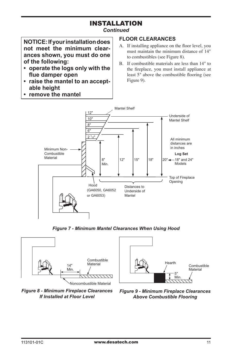 Installation, Continued, Floor clearances | Desa CGS2718NA User Manual | Page 11 / 36