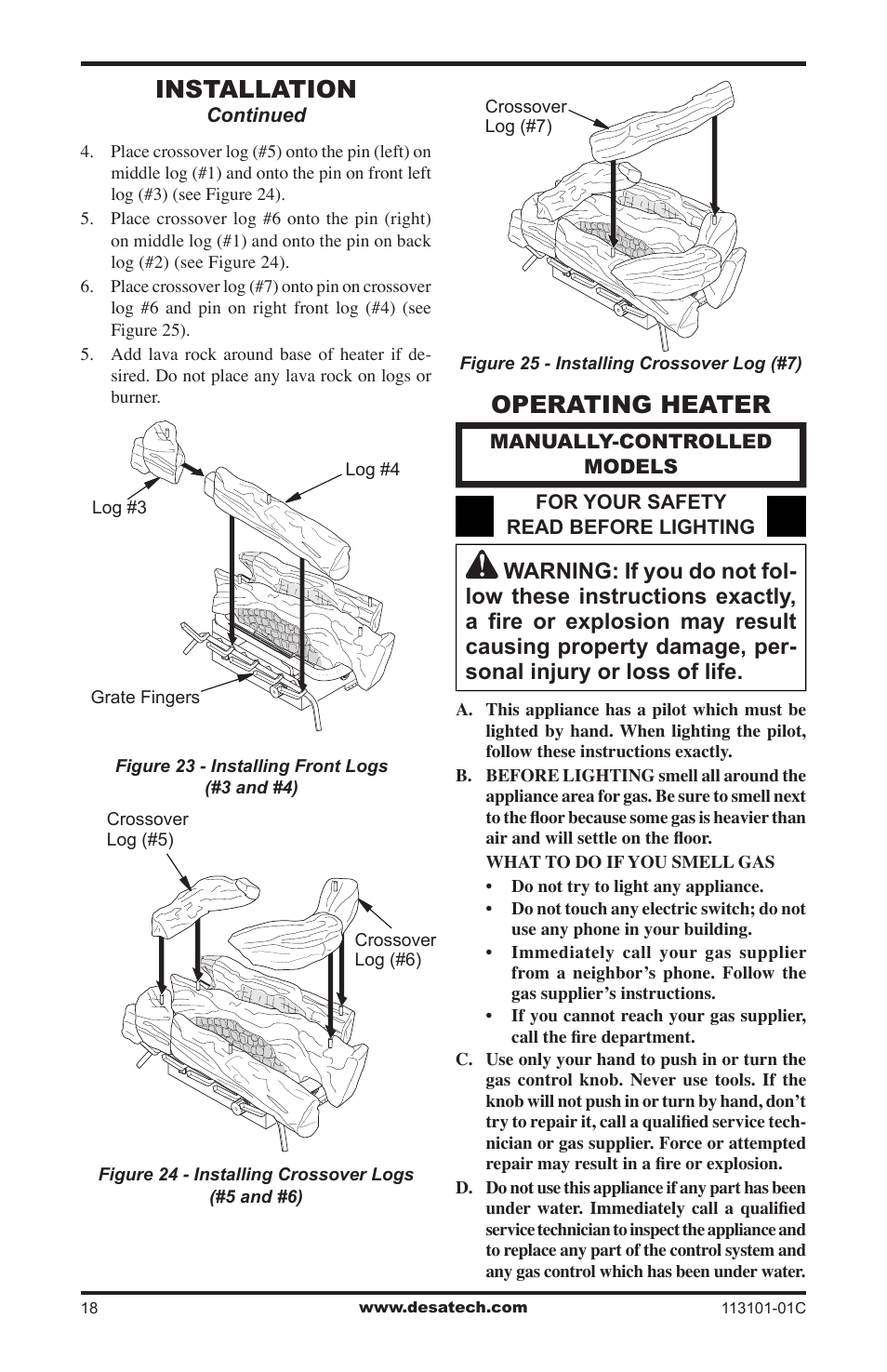 Operating heater, Installation | Desa CGS2718NA User Manual | Page 18 / 36