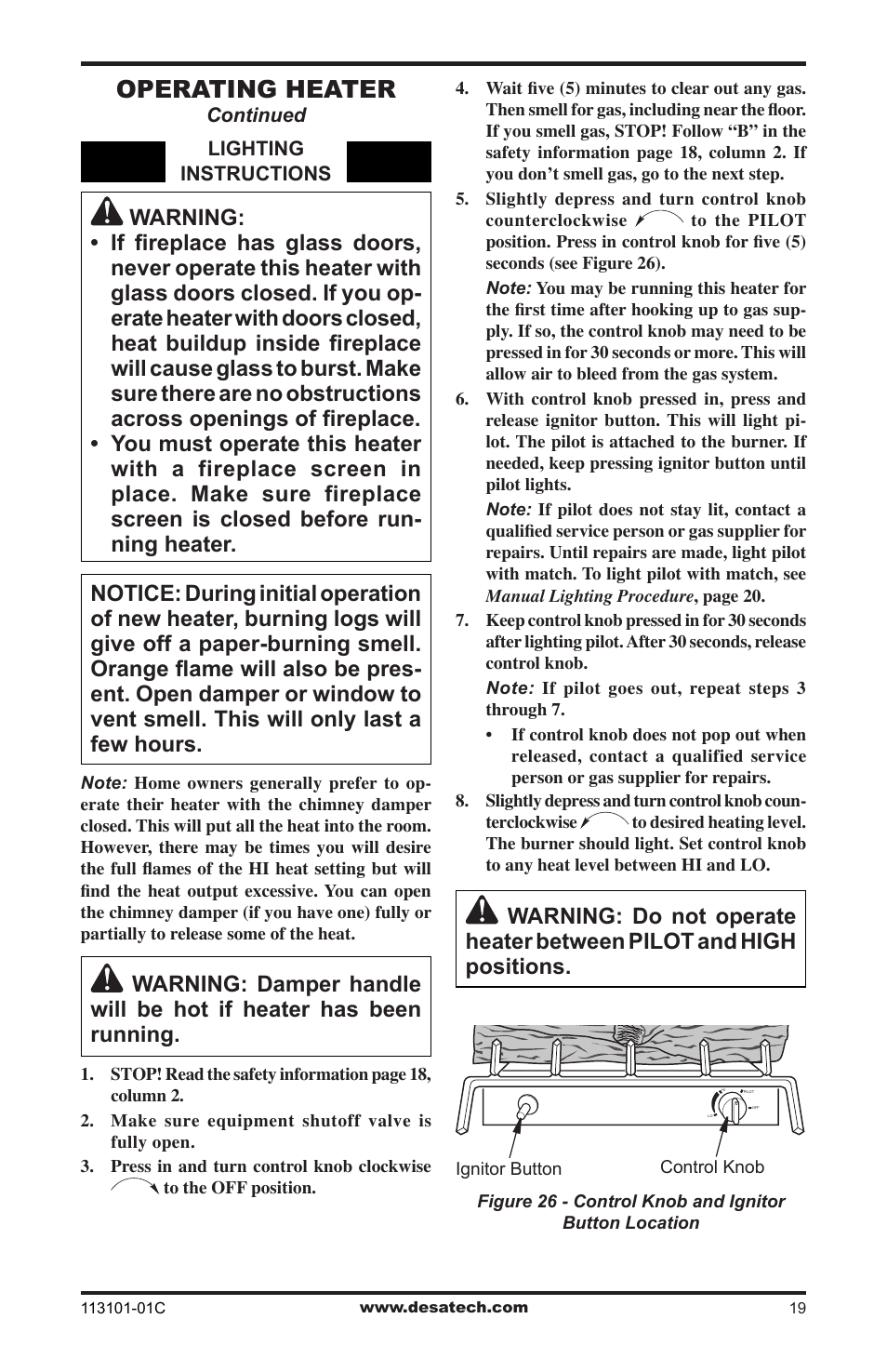 Operating heater | Desa CGS2718NA User Manual | Page 19 / 36