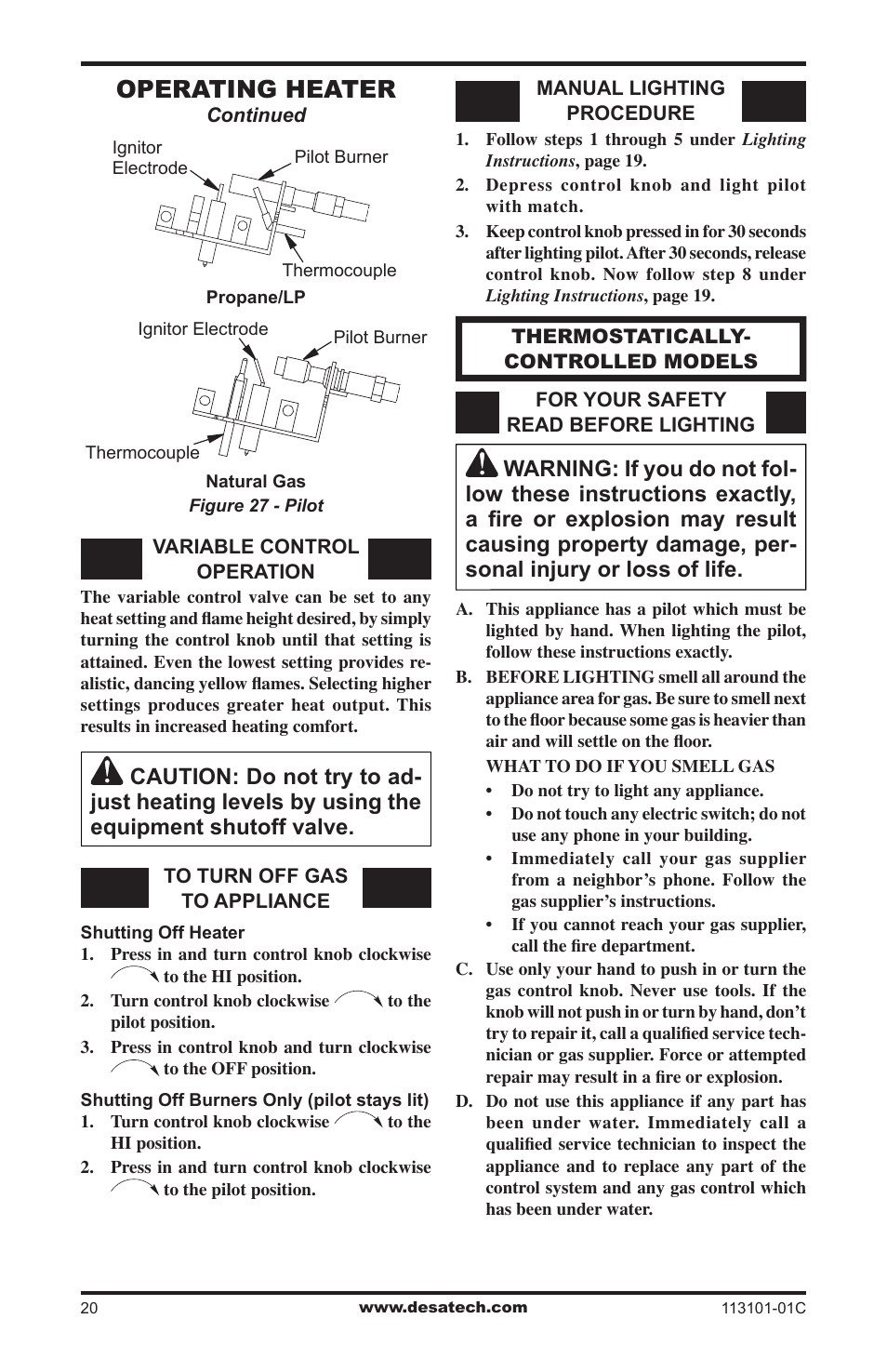 Operating heater | Desa CGS2718NA User Manual | Page 20 / 36