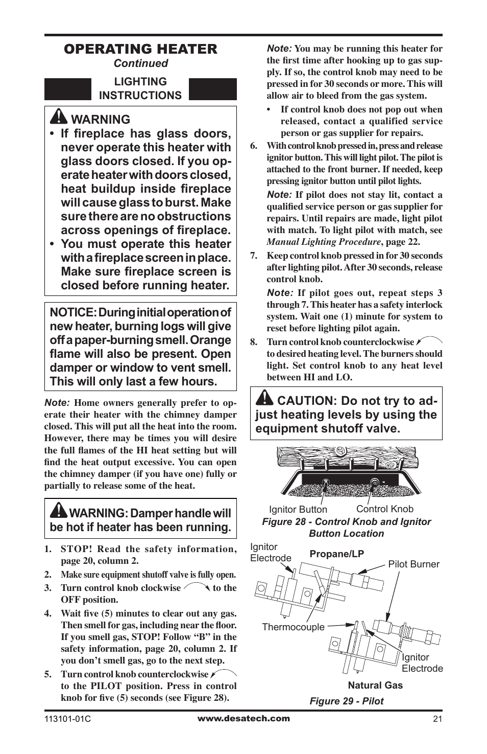 Operating heater | Desa CGS2718NA User Manual | Page 21 / 36