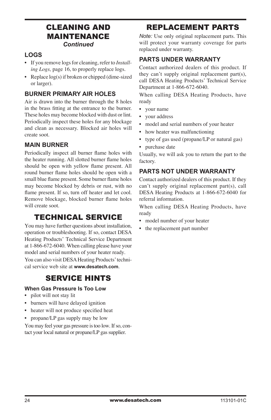 Technical service, Service hints, Replacement parts | Cleaning and maintenance | Desa CGS2718NA User Manual | Page 24 / 36