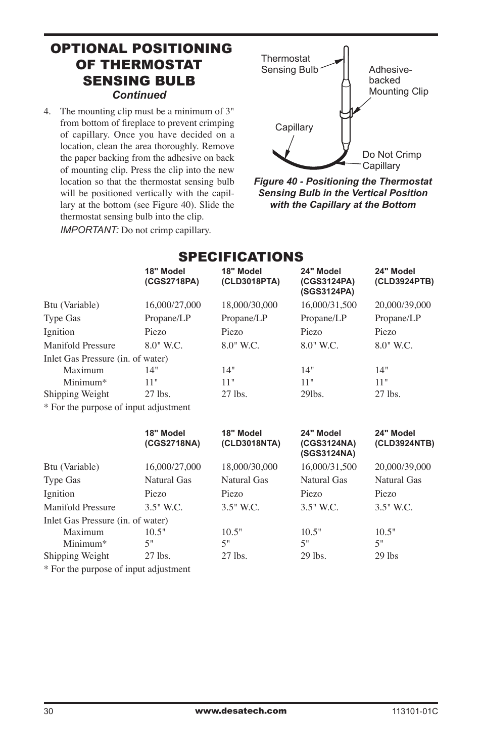 Specifications, Optional positioning of thermostat sensing bulb | Desa CGS2718NA User Manual | Page 30 / 36