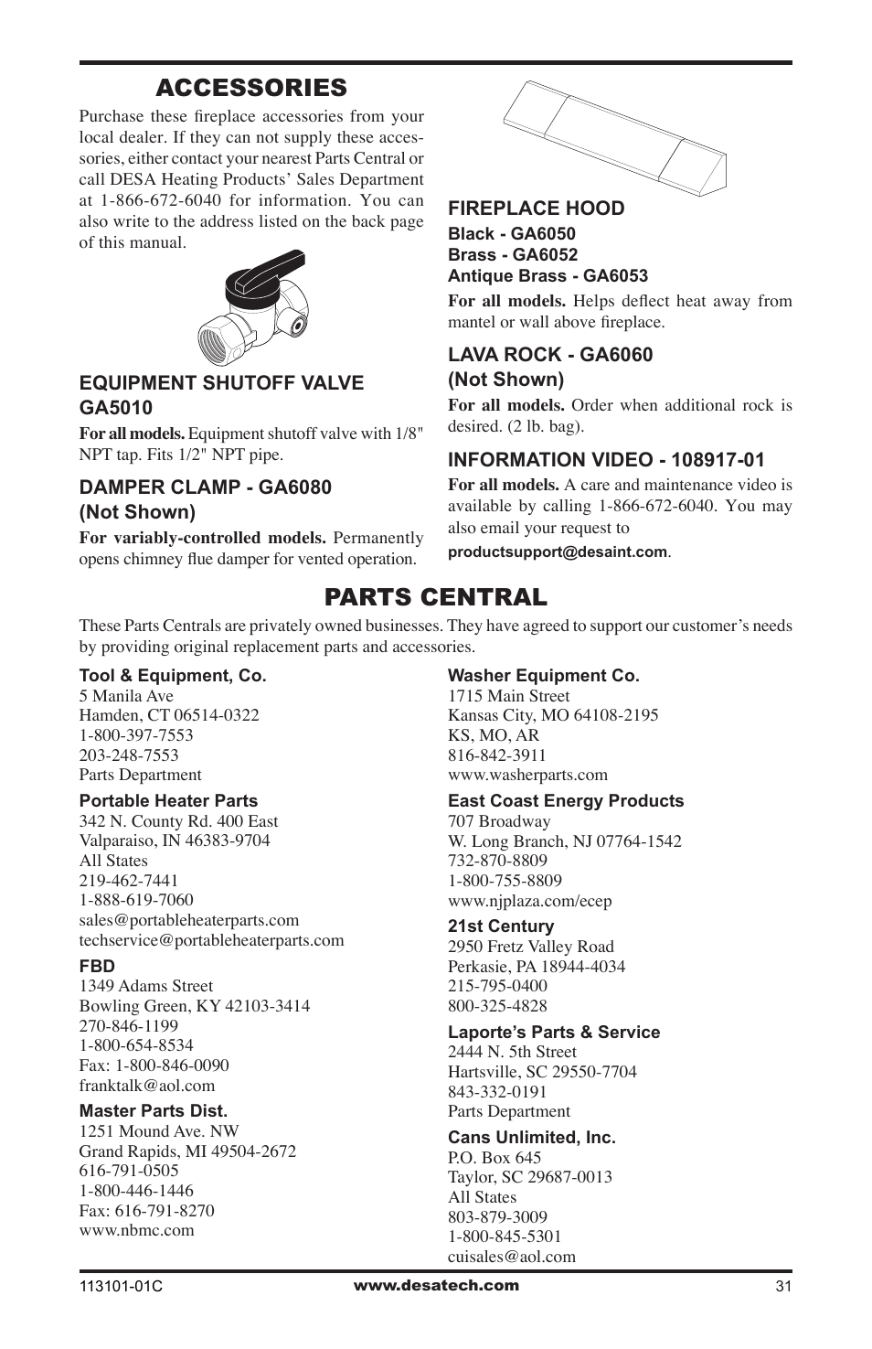 Accessories, Parts central | Desa CGS2718NA User Manual | Page 31 / 36