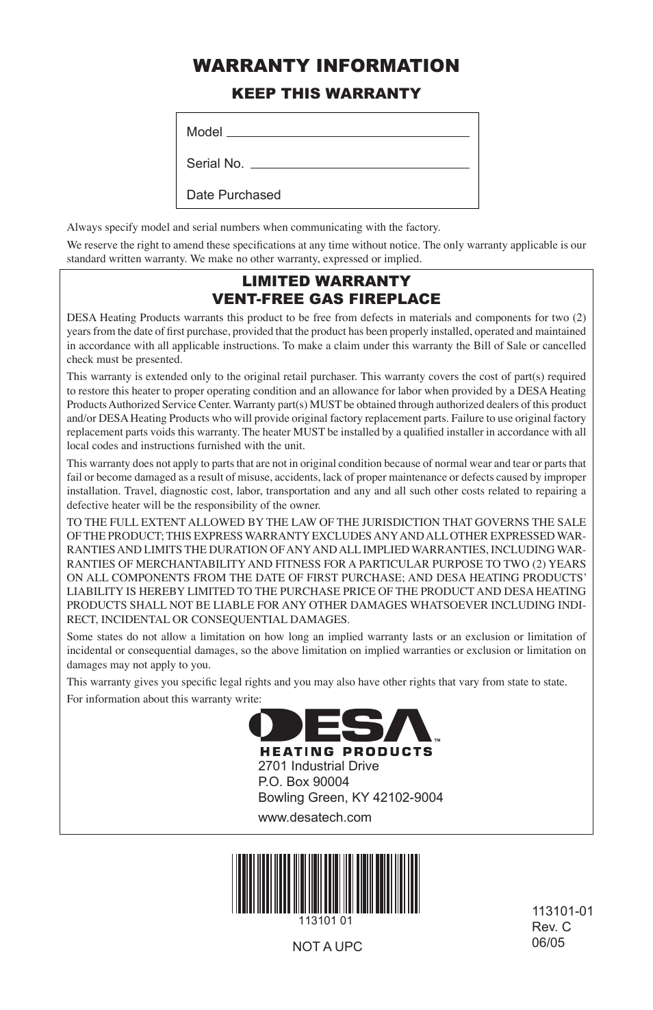 Warranty information, Keep this warranty, Limited warranty vent-free gas fireplace | Desa CGS2718NA User Manual | Page 36 / 36