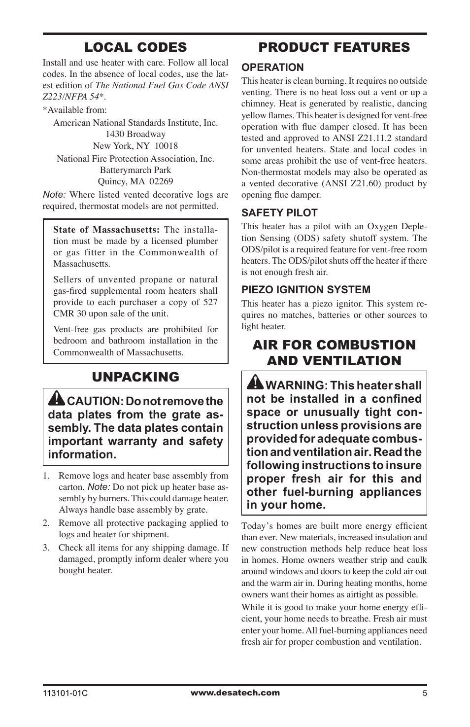 Local codes, Unpacking, Product features | Air for combustion and ventilation | Desa CGS2718NA User Manual | Page 5 / 36
