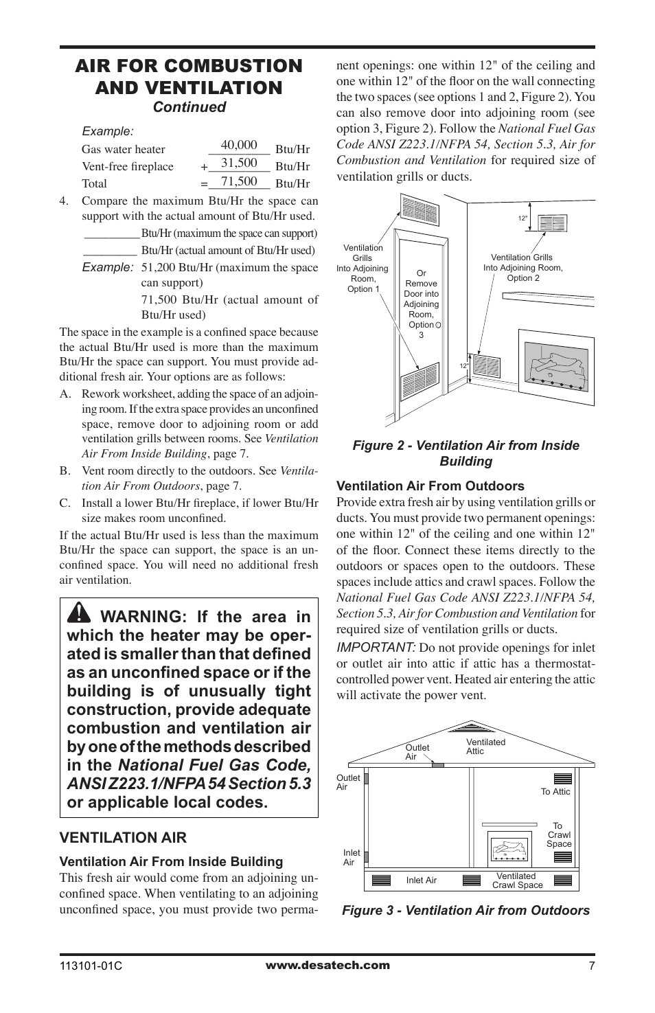 Air for combustion and ventilation, Ventilation air, Continued | Desa CGS2718NA User Manual | Page 7 / 36