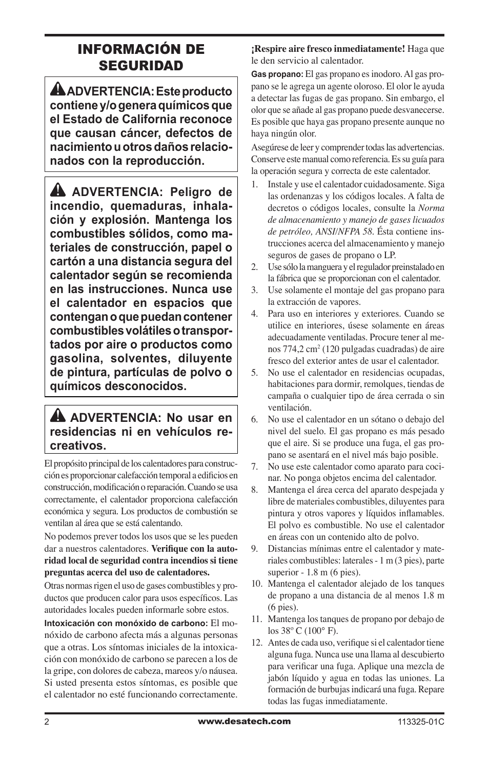 Información de seguridad | Desa Btu User Manual | Page 10 / 16