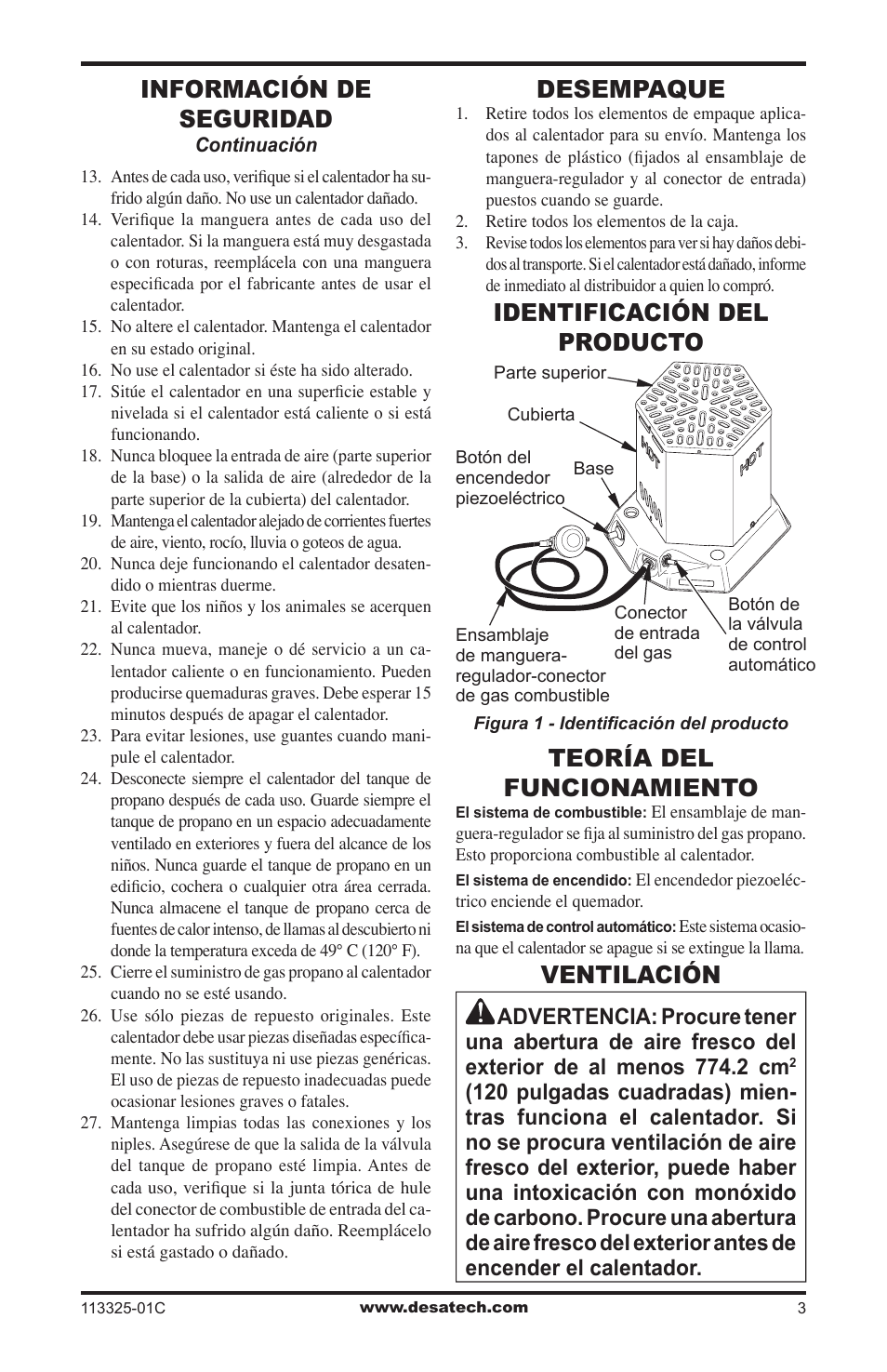 Desempaque, Identificación del producto, Teoría del funcionamiento | Ventilación, Información de seguridad | Desa Btu User Manual | Page 11 / 16