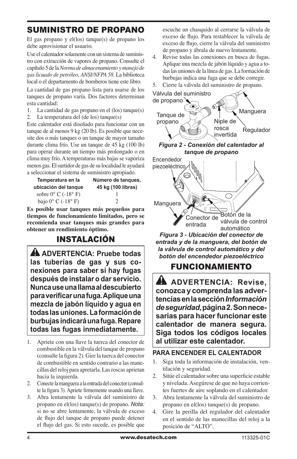 Suministro de propano, Instalación, Funcionamiento | Desa Btu User Manual | Page 12 / 16