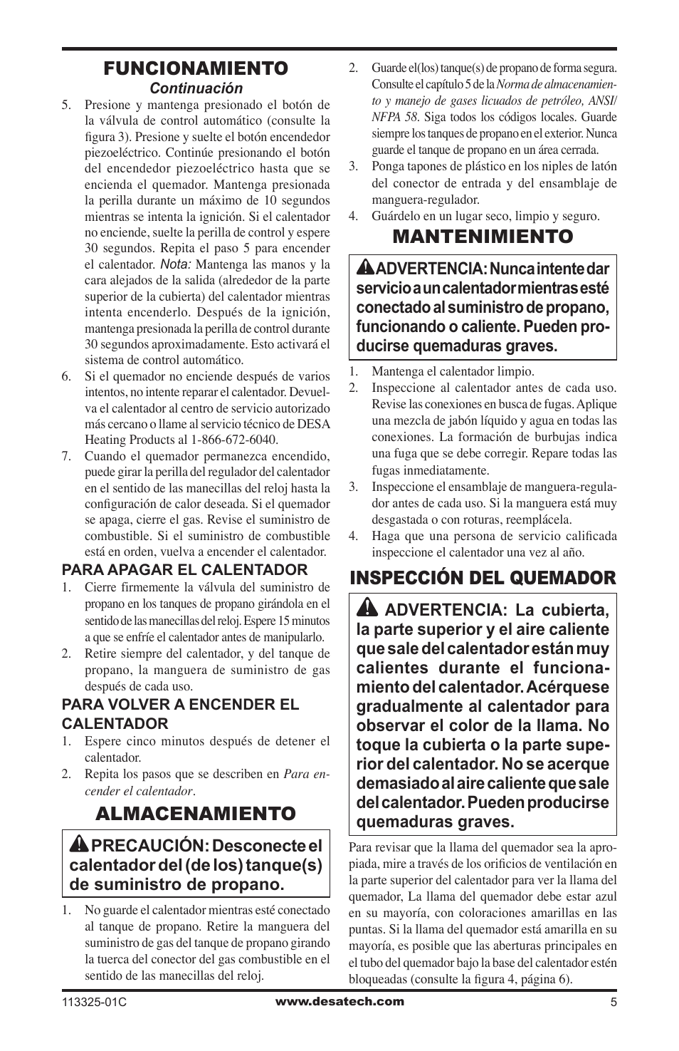 Almacenamiento, Mantenimiento, Inspección del quemador | Funcionamiento | Desa Btu User Manual | Page 13 / 16