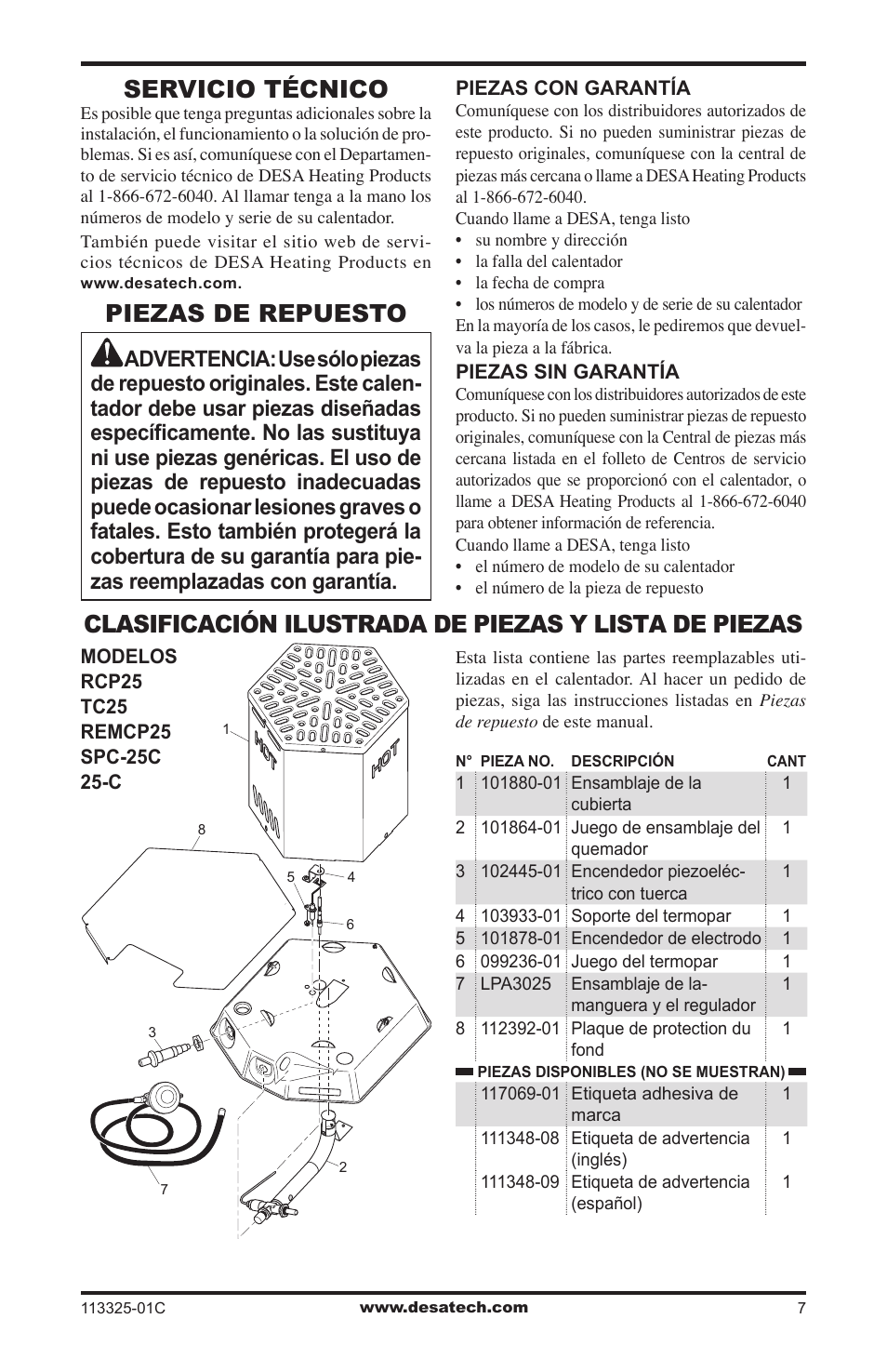 Servicio técnico, Piezas de repuesto | Desa Btu User Manual | Page 15 / 16