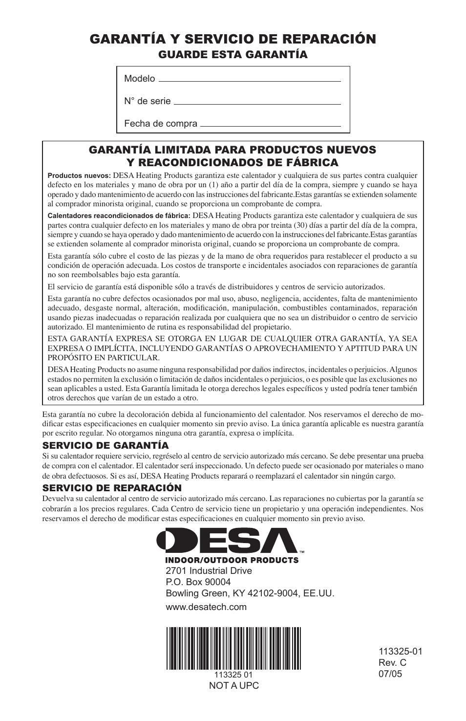 Garantía y servicio de reparación, Guarde esta garantía | Desa Btu User Manual | Page 16 / 16