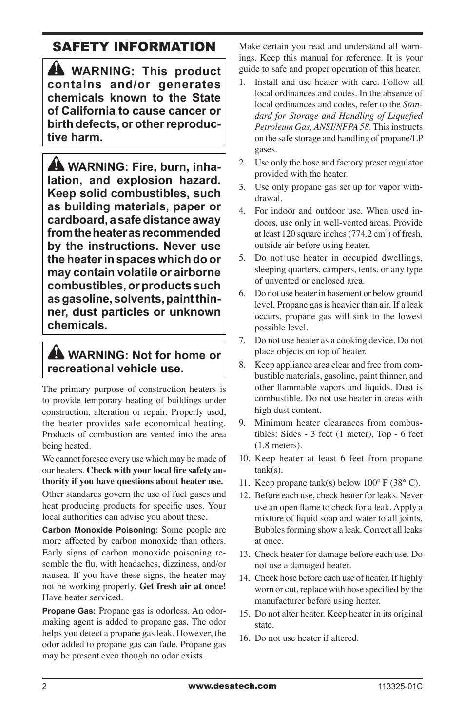 Safety information | Desa Btu User Manual | Page 2 / 16
