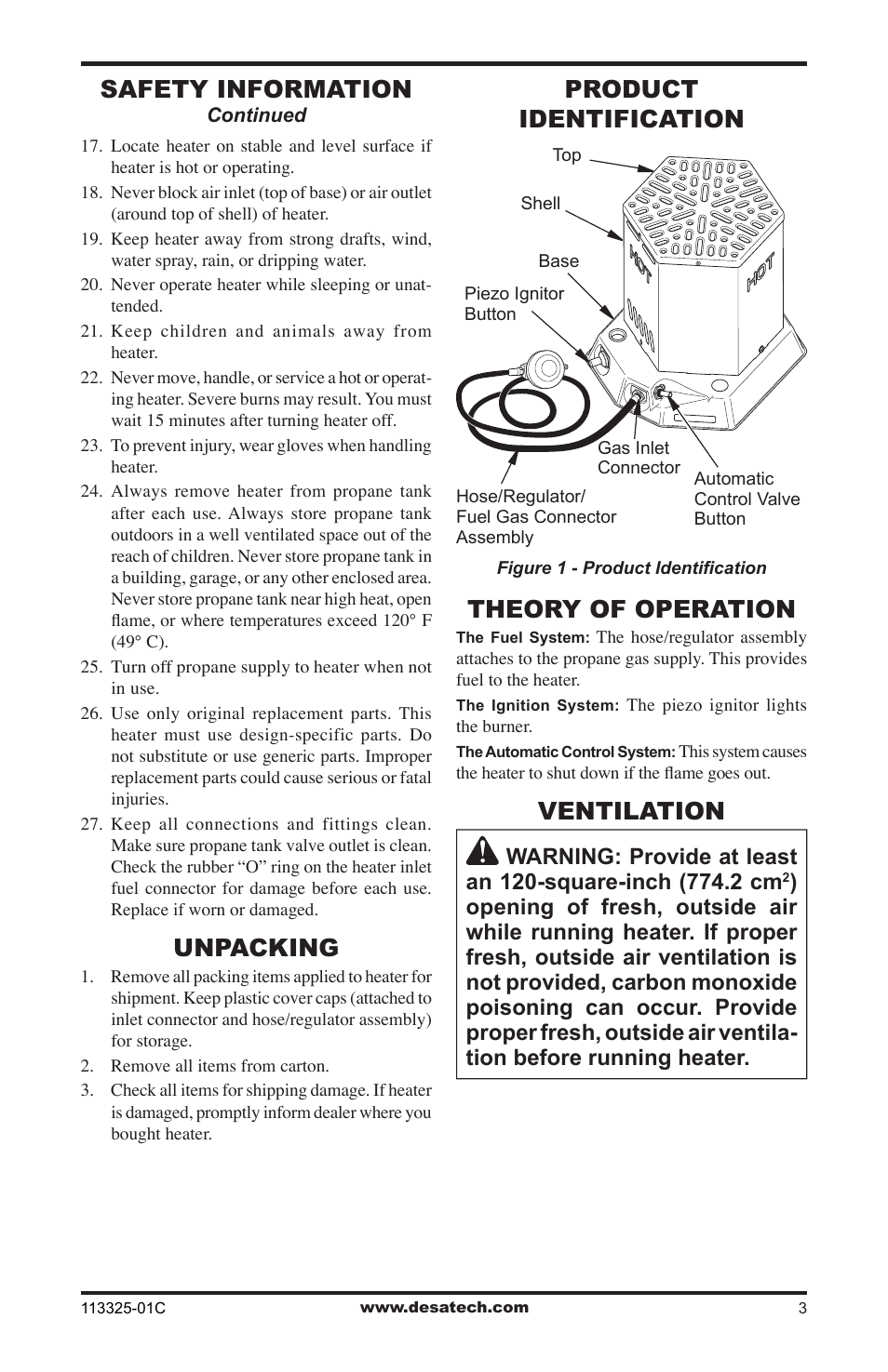 Unpacking, Product identification, Theory of operation | Ventilation, Safety information | Desa Btu User Manual | Page 3 / 16
