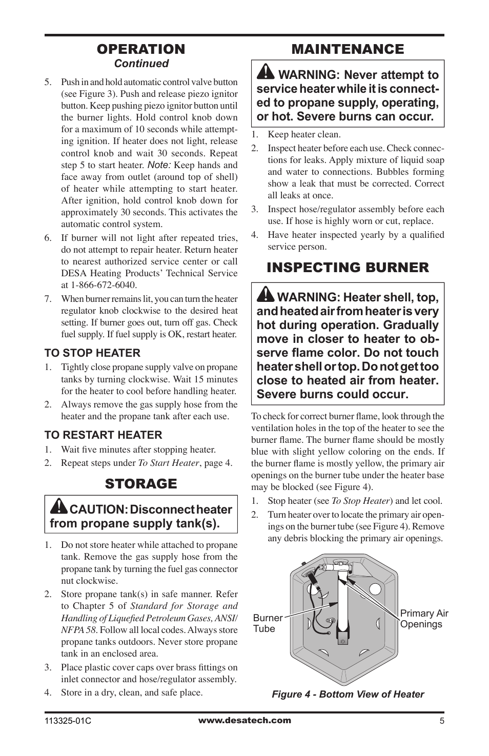 Storage, Maintenance, Inspecting burner | Operation | Desa Btu User Manual | Page 5 / 16