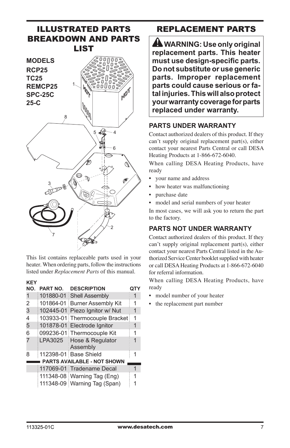 Illustrated parts breakdown and parts list, Replacement parts | Desa Btu User Manual | Page 7 / 16