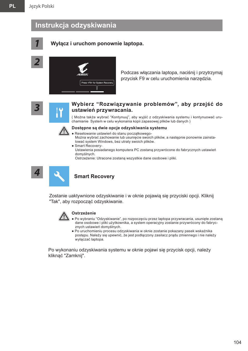 Instrukcja odzyskiwania | GIGABYTE 15.6" AORUS 15 Gaming Notebook (Black) User Manual | Page 104 / 154