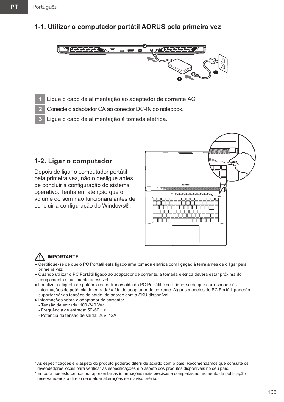 18_aorus 15(x5lbvf)_e-manual_pt_v1.0, 2. ligar o computador | GIGABYTE 15.6" AORUS 15 Gaming Notebook (Black) User Manual | Page 106 / 154