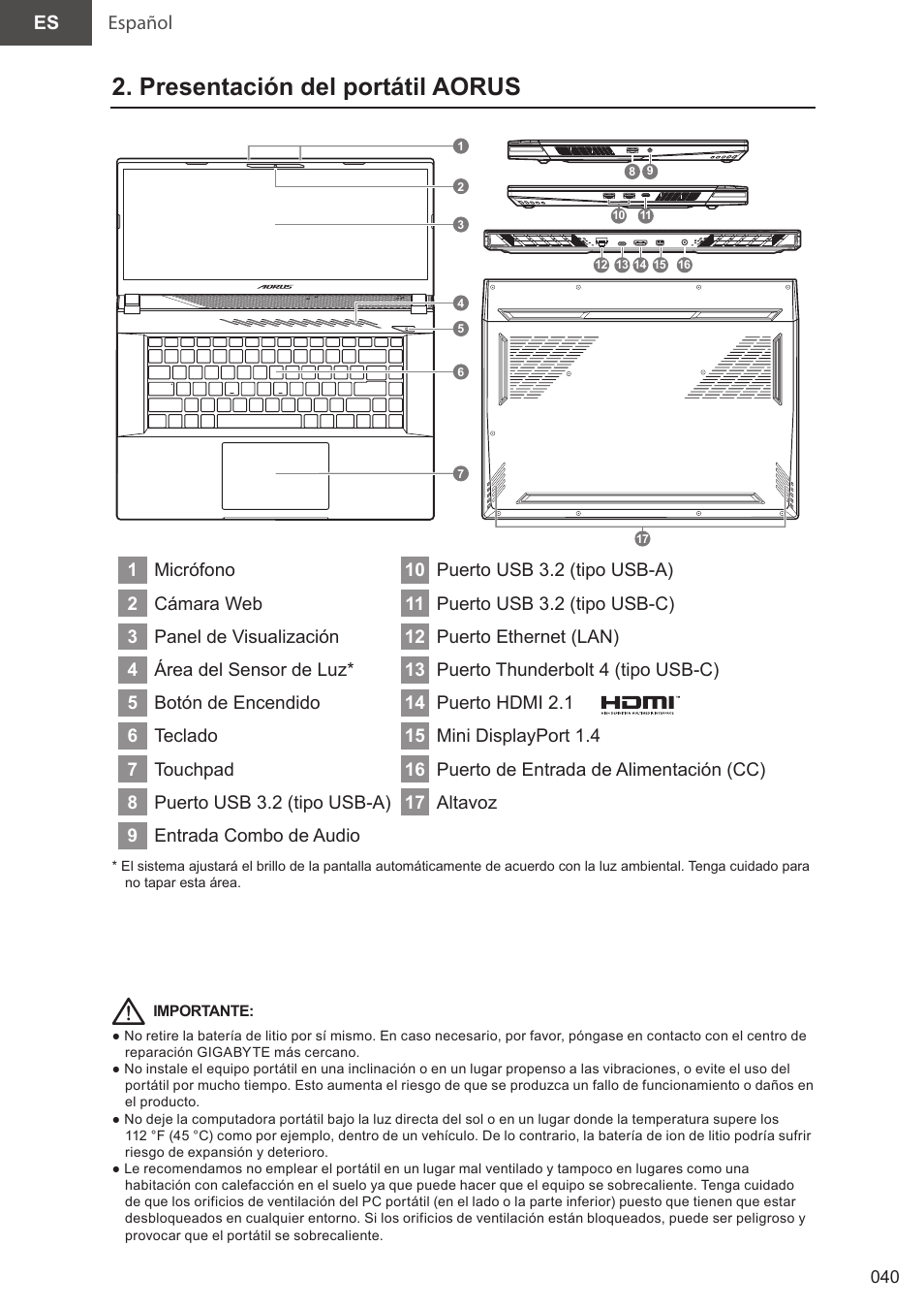 Presentación del portátil aorus, Español | GIGABYTE 15.6" AORUS 15 Gaming Notebook (Black) User Manual | Page 40 / 154