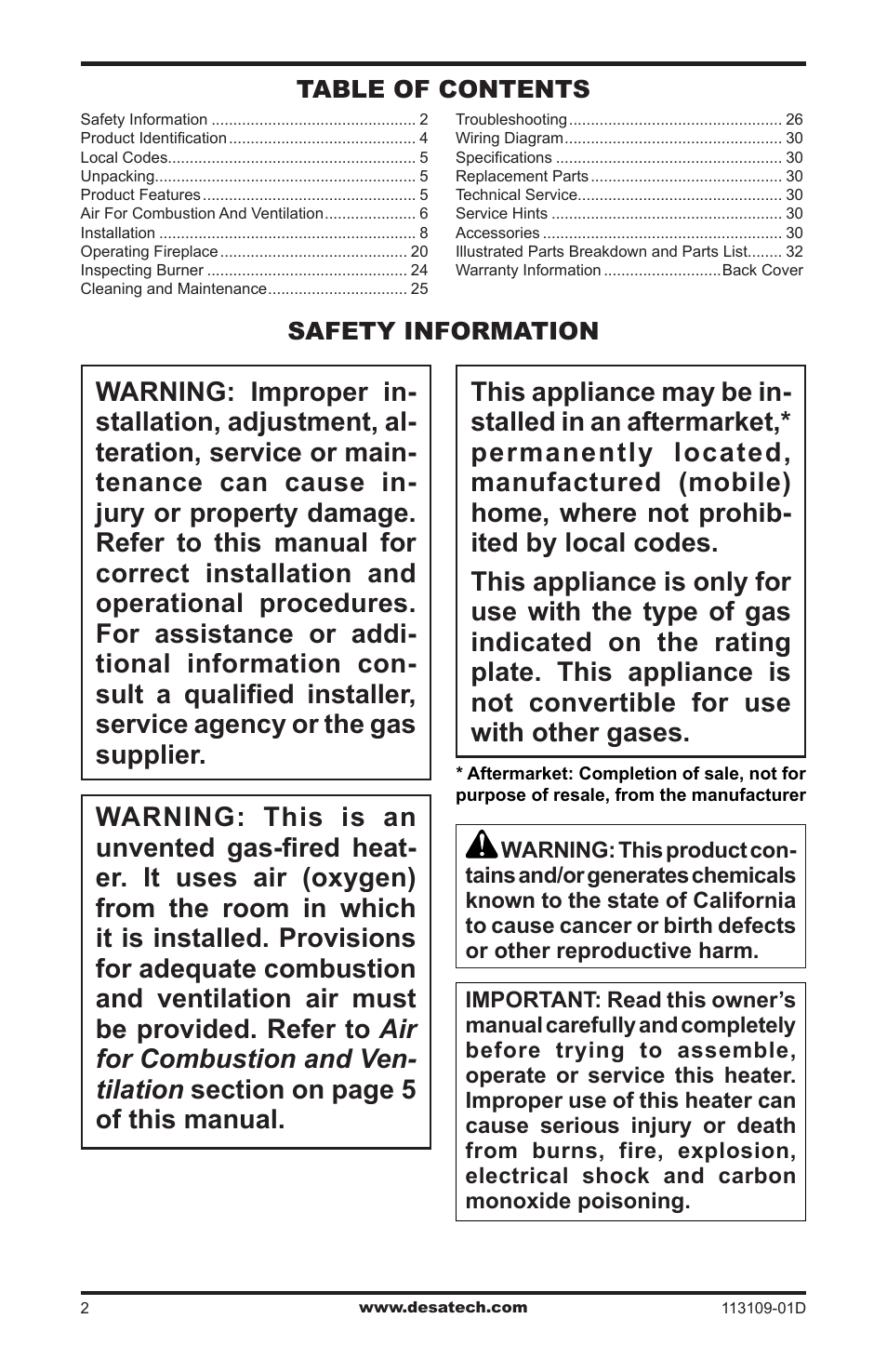 Safety information | Desa FPVF33NRA User Manual | Page 2 / 40