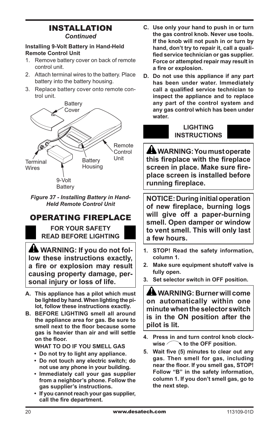 Operating fireplace, Installation | Desa FPVF33NRA User Manual | Page 20 / 40