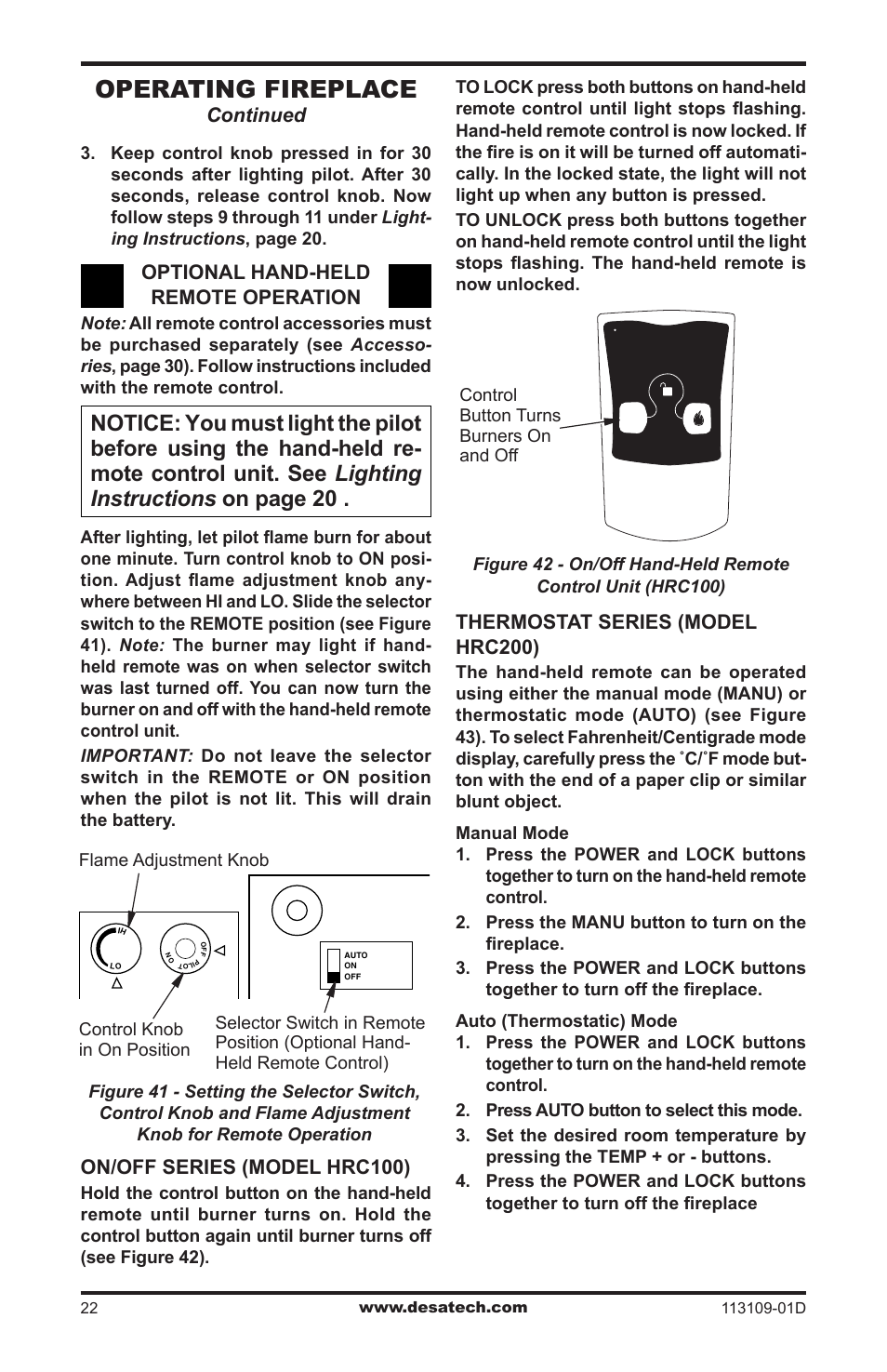 Operating fireplace | Desa FPVF33NRA User Manual | Page 22 / 40