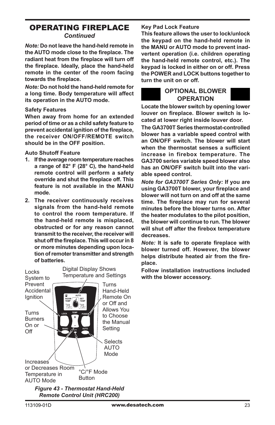 Operating fireplace, Continued, Optional blower operation | Desa FPVF33NRA User Manual | Page 23 / 40