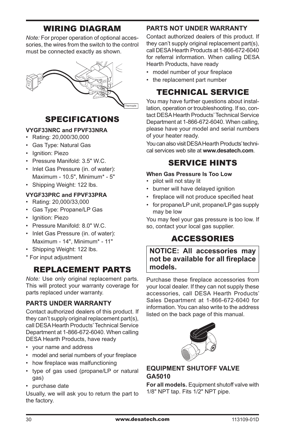 Wiring diagram, Specifications, Replacement parts | Technical service, Service hints, Accessories | Desa FPVF33NRA User Manual | Page 30 / 40